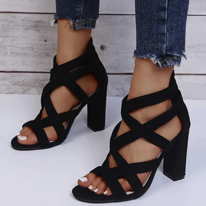 ZBYY Women's Ankle Strap Dress Pump Chunky High Heel Sandals Summer Crisscross Open Toe Block Heels Dress Pump Sandals