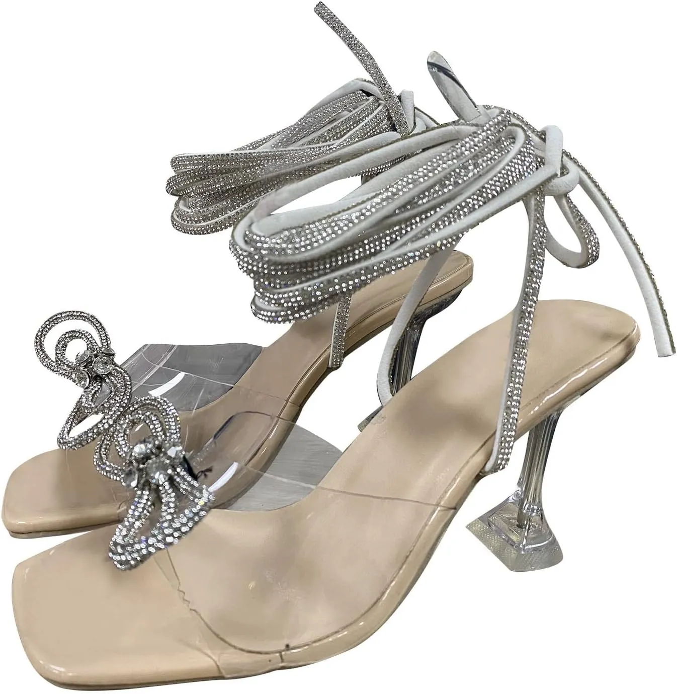 ZBYY Women's Lace Up Rhinestones High Heel Sandals Square Toe Clear Heels Sexy Strappy Open Toe Dress Party Wedding Shoes