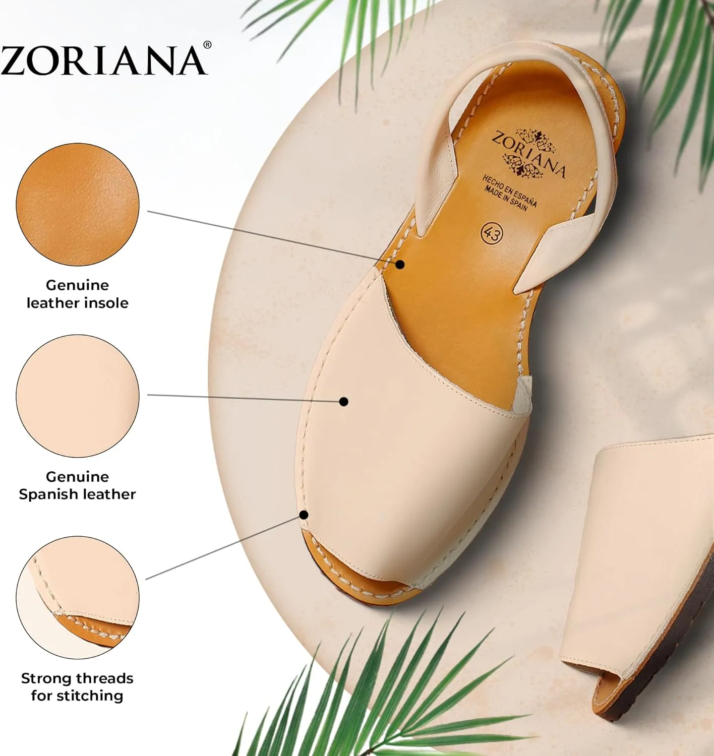 ZORIANA® Sandals for Women Handmade Leather, Dressy, Comfortable Sling Back Shoes Flat - Fashion Exclusively Made in Spain - Avarca Summer Trending Slingback Shoes 2023, 100% Spanish Genuine Leather
