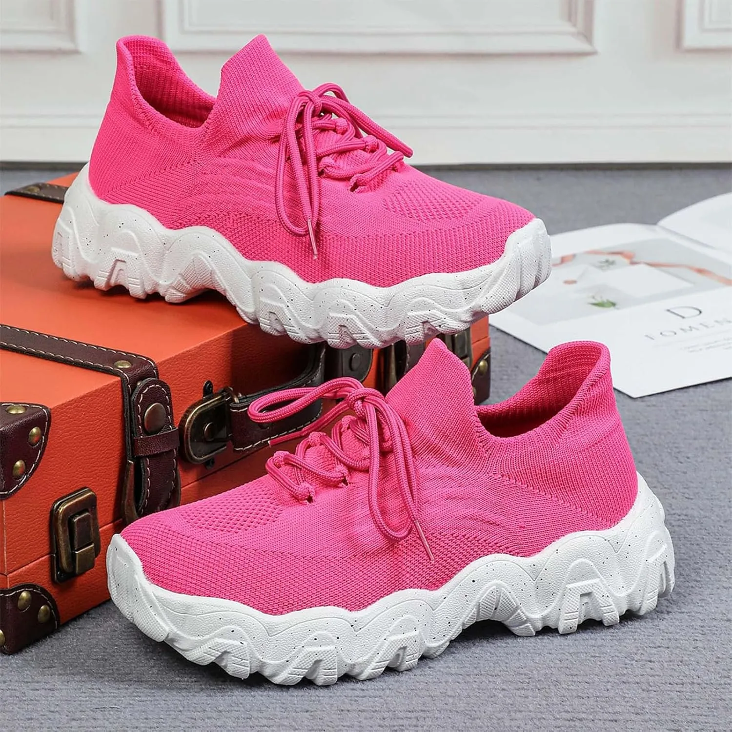 ZSpzx Platform Sneakers for Women Slip On Cushioned Footbed Knit Soft Padded Insole Arch Support Jogging Tennis Shoes Plantar Fasciitis Breathable Comfy Lightweight Daily Wear Shoe