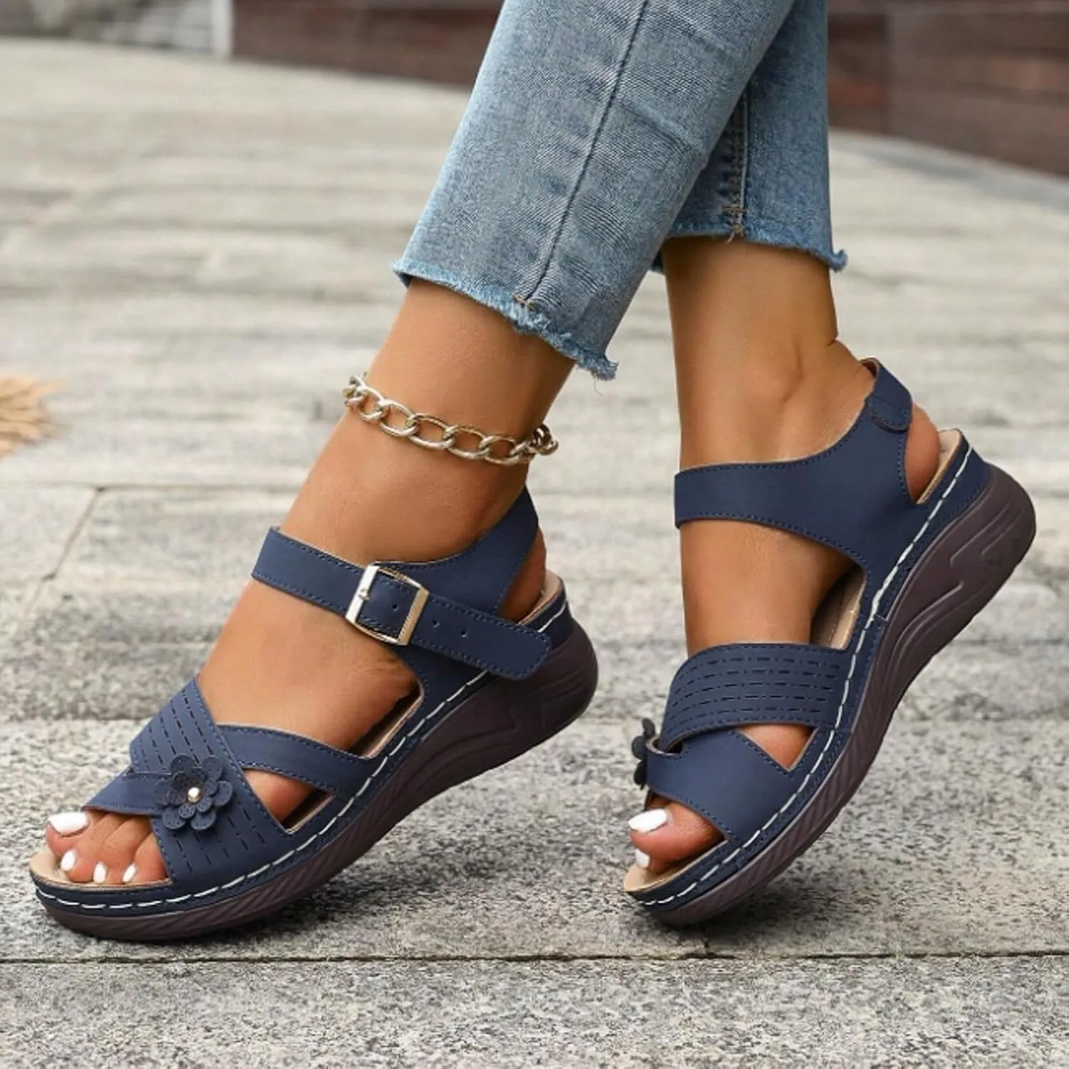 ZSpzx Wedge Sandals For Women Arch Support Walking Shoes Dress Flowers Bohe Ankle Sandal Orthopedic Comfortable Platform Summer Dressy Casual Bunion Orthotic Open Toe Beach Slip On Slides Slippers