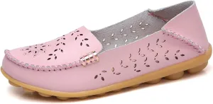 ZWRXW Leather Flats for Women Bohemian Hollow Out Comfort Walking Boat Shoe Summer Dressy Comfortable Breathable Flats Shoes Backless Round Toe Slip On Casual Sneakers Soft Nursing Work Shoes
