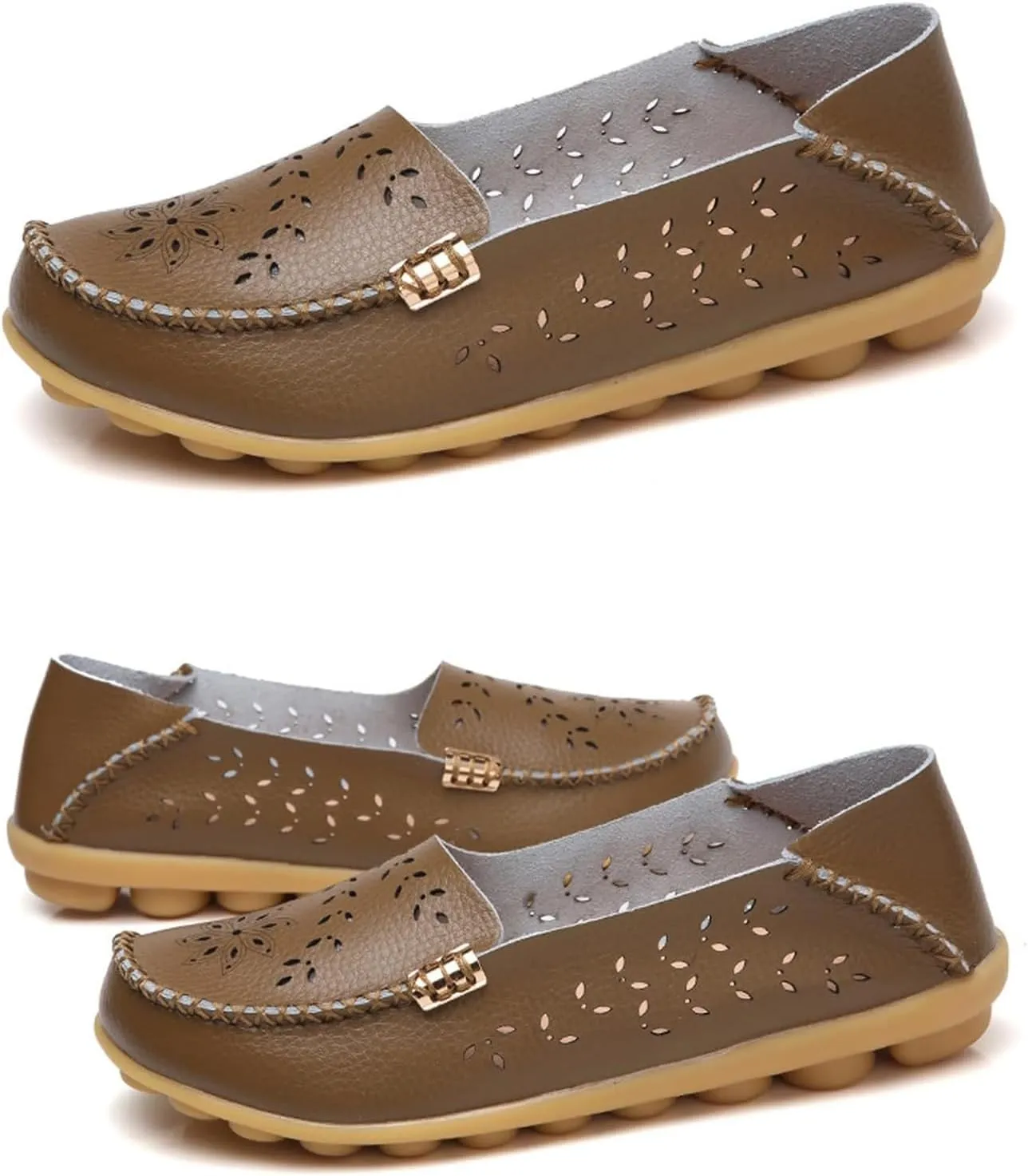 ZWRXW Leather Flats for Women Bohemian Hollow Out Comfort Walking Boat Shoe Summer Dressy Comfortable Breathable Flats Shoes Backless Round Toe Slip On Casual Sneakers Soft Nursing Work Shoes