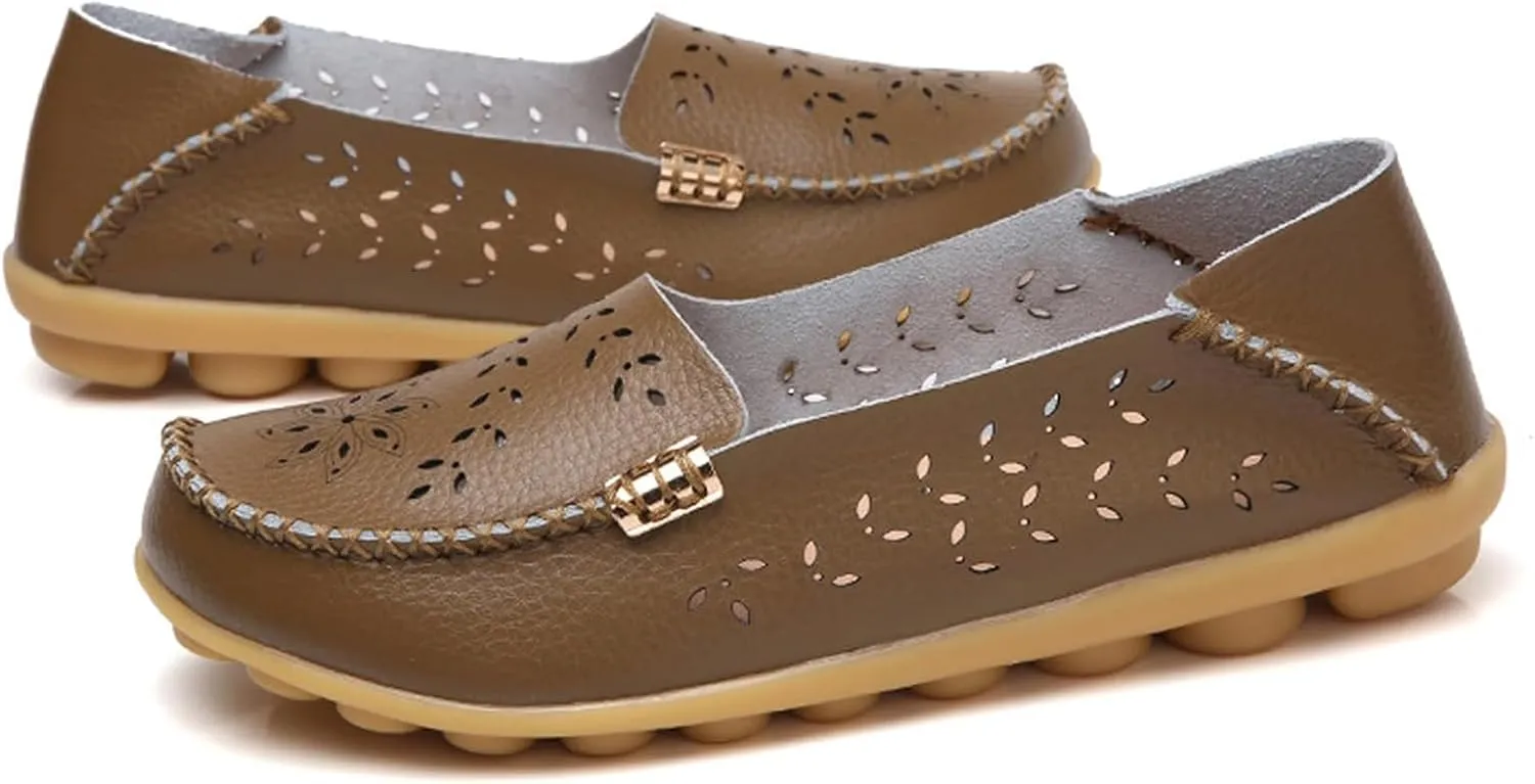 ZWRXW Leather Flats for Women Bohemian Hollow Out Comfort Walking Boat Shoe Summer Dressy Comfortable Breathable Flats Shoes Backless Round Toe Slip On Casual Sneakers Soft Nursing Work Shoes