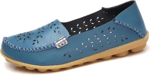 ZWRXW Leather Flats for Women Bohemian Hollow Out Comfort Walking Boat Shoe Summer Dressy Comfortable Breathable Flats Shoes Backless Round Toe Slip On Casual Sneakers Soft Nursing Work Shoes