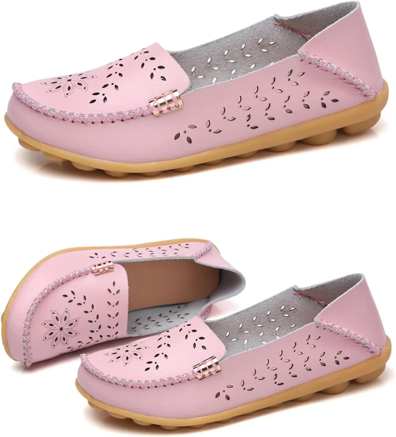 ZWRXW Leather Flats for Women Bohemian Hollow Out Comfort Walking Boat Shoe Summer Dressy Comfortable Breathable Flats Shoes Backless Round Toe Slip On Casual Sneakers Soft Nursing Work Shoes