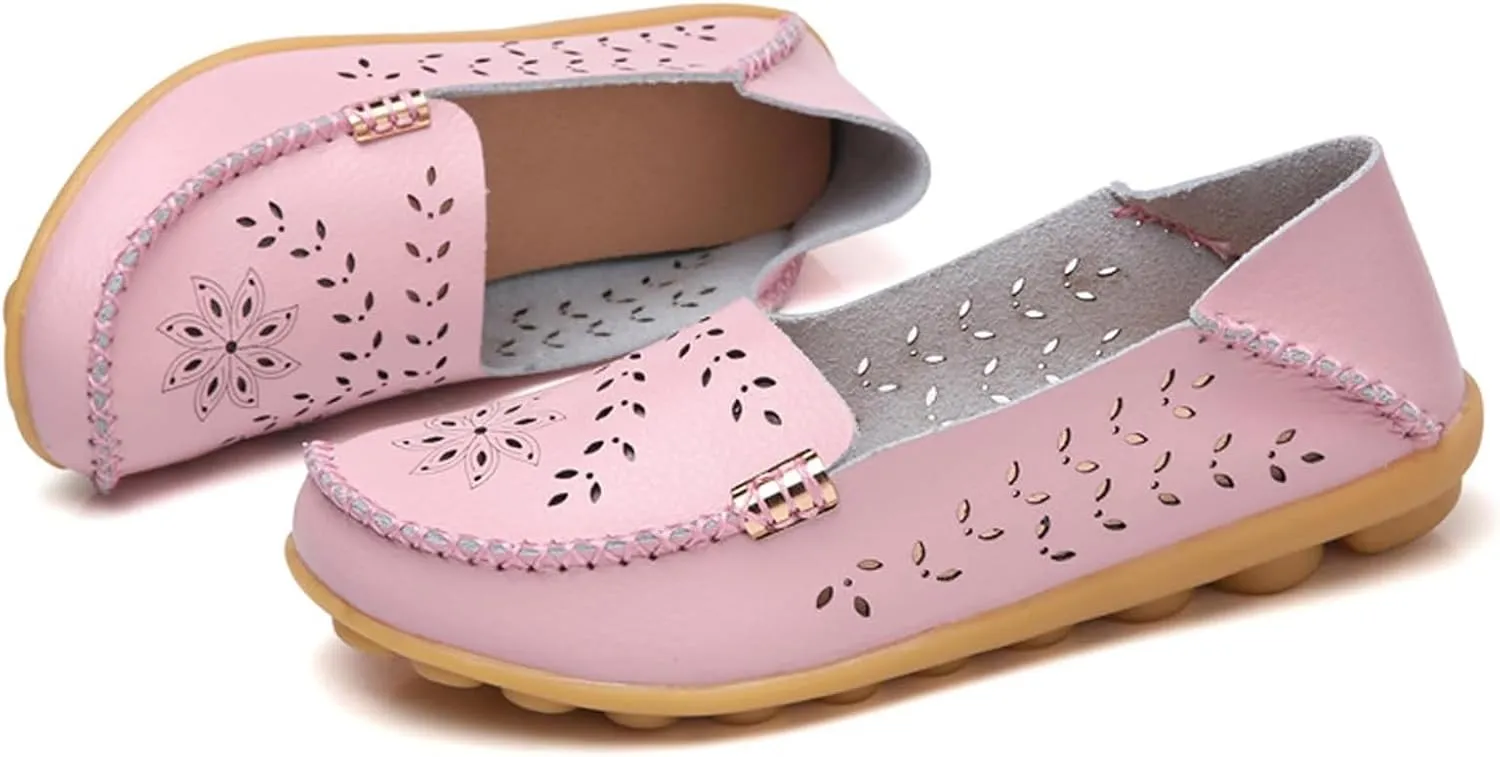 ZWRXW Leather Flats for Women Bohemian Hollow Out Comfort Walking Boat Shoe Summer Dressy Comfortable Breathable Flats Shoes Backless Round Toe Slip On Casual Sneakers Soft Nursing Work Shoes