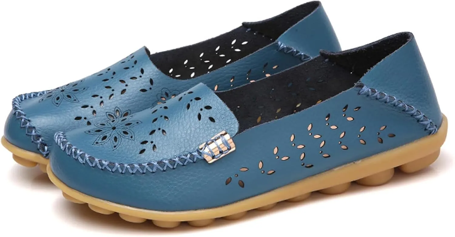 ZWRXW Leather Flats for Women Bohemian Hollow Out Comfort Walking Boat Shoe Summer Dressy Comfortable Breathable Flats Shoes Backless Round Toe Slip On Casual Sneakers Soft Nursing Work Shoes