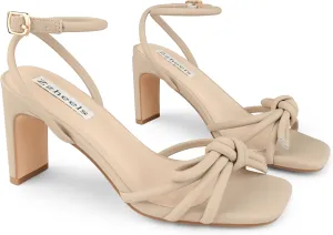 Zzheels Women's Square Toe Sandals Bowknot Chunky High Heels Strappy Bow Heels Dress Party Shoes
