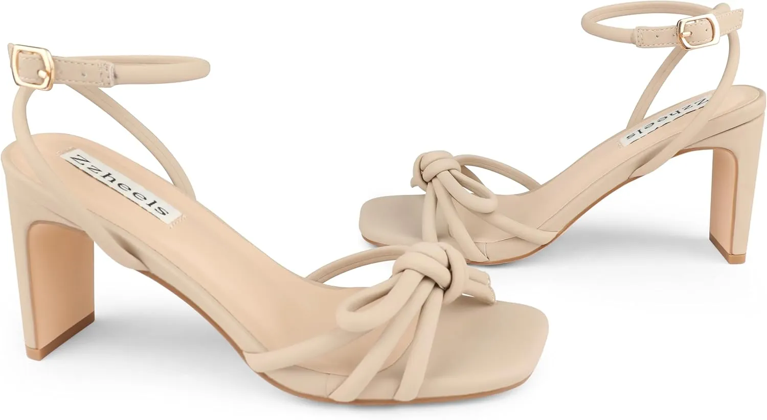Zzheels Women's Square Toe Sandals Bowknot Chunky High Heels Strappy Bow Heels Dress Party Shoes